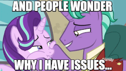 Size: 720x405 | Tagged: safe, edit, edited screencap, screencap, firelight, starlight glimmer, pony, unicorn, g4, the parent map, animated, annoyed, aside glance, father and daughter, female, image macro, lidded eyes, looking at you, male, mare, meme, sire's hollow, squishy cheeks, stallion