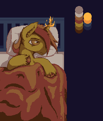 Size: 254x300 | Tagged: safe, artist:redfruit, oc, oc only, oc:gearlock, pony, unicorn, bed, in bed, male, pixel art, solo, stallion, unshorn fetlocks