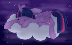 Size: 6875x4320 | Tagged: safe, artist:partypievt, twilight sparkle, alicorn, pony, g4, absurd resolution, cloud, curved horn, cute, eyes closed, female, horn, mare, on a cloud, sleeping, sleeping on a cloud, solo, twilight sparkle (alicorn)