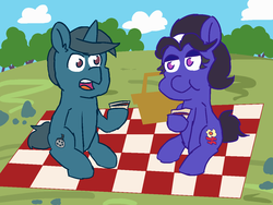 Size: 1200x900 | Tagged: safe, artist:threetwotwo32232, oc, oc only, oc:eggs and bacon, oc:film reel, earth pony, pony, unicorn, 30 minute art challenge, basket, female, food, male, mare, open mouth, picnic, picnic basket, picnic blanket, sandwich, stallion