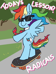 Size: 1000x1300 | Tagged: safe, artist:threetwotwo32232, rainbow dash, pony, g4, 30 minute art challenge, female, meme, necktie, radical, skateboard, skateboarding, skateboarding professor, solo, sunglasses, text