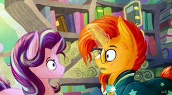 Size: 1280x707 | Tagged: safe, artist:green brush, starlight glimmer, sunburst, pony, unicorn, g4, blushing, book, clothes, female, glasses, glowing horn, horn, looking at each other, magic, male, mare, open mouth, robe, ship:starburst, shipping, shocked, stallion, straight, telekinesis