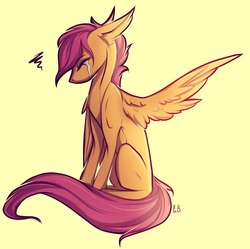 Size: 1029x1024 | Tagged: safe, artist:green brush, scootaloo, pegasus, pony, g4, blank flank, crying, eyes closed, female, filly, floppy ears, one wing out, sad, scootasad, simple background, sitting, solo