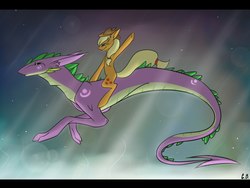 Size: 1280x960 | Tagged: safe, artist:green brush, applejack, spike, dragon, earth pony, pony, g4, applejack riding spike, applejack's hat, black sclera, cowboy hat, crepuscular rays, cutie mark, duo, female, flying, hat, letterboxing, male, mare, older, ponies riding dragons, riding, rodeo, smiling