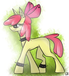 Size: 941x1024 | Tagged: safe, artist:green brush, apple bloom, earth pony, pony, g4, abstract background, blank flank, collar, ear piercing, earring, female, filly, jewelry, lens flare, piercing, solo, spiked collar, spiked wristband, sunglasses, wristband