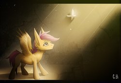 Size: 1280x873 | Tagged: safe, artist:green brush, scootaloo, butterfly, pegasus, pony, g4, blank flank, crepuscular rays, female, filly, letterboxing, looking up, solo, spread wings, wings