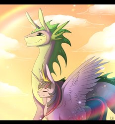 Size: 949x1024 | Tagged: safe, artist:green brush, spike, twilight sparkle, alicorn, dragon, pony, g4, big ears, crown, cutie mark, duo, eyes closed, female, jewelry, male, mare, older, rainbow, regalia, smiling, spread wings, twilight sparkle (alicorn), wings