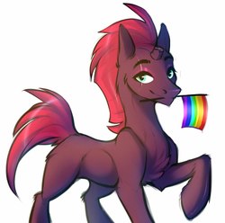 Size: 1089x1080 | Tagged: safe, artist:green brush, fizzlepop berrytwist, tempest shadow, pony, unicorn, g4, my little pony: the movie, blank flank, broken horn, chest fluff, eye scar, female, gay pride flag, horn, looking at you, mare, pride, pride flag, raised hoof, scar, simple background, solo, white background