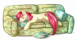 Size: 1280x669 | Tagged: safe, artist:green brush, roseluck, earth pony, pony, g4, couch, cutie mark, female, mare, pillow, simple background, sleeping, solo, white background