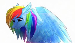 Size: 1280x749 | Tagged: safe, artist:green brush, rainbow dash, pegasus, pony, g4, female, looking down, mare, sad, simple background, sitting, solo, spread wings, white background, wings