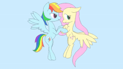Size: 600x338 | Tagged: safe, artist:井之上・nn・アクト, fluttershy, rainbow dash, pegasus, pony, g4, animated, female, flying, kissing, lesbian, mare, profile, ship:flutterdash, shipping, spread wings, wings
