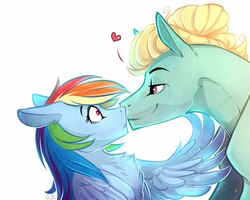 Size: 1280x1023 | Tagged: dead source, safe, artist:green brush, rainbow dash, zephyr breeze, pegasus, pony, g4, chest fluff, cute, ear fluff, female, heart, male, mare, profile, ship:zephdash, shipping, shocked, simple background, smiling, solo, stallion, straight, white background
