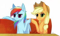 Size: 1280x765 | Tagged: safe, artist:green brush, applejack, rainbow dash, earth pony, pegasus, pony, g4, the saddle row review, applejack's hat, couch, cowboy hat, diner, duo, female, freckles, hair tie, hat, hoofbump, mare, scene interpretation, simple background, smiling, white background