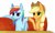 Size: 1280x765 | Tagged: safe, artist:green brush, applejack, rainbow dash, earth pony, pegasus, pony, g4, my little pony: friendship is magic, the saddle row review, applejack's hat, couch, cowboy hat, diner, duo, female, freckles, hair tie, hat, hoofbump, mare, scene interpretation, simple background, smiling, white background