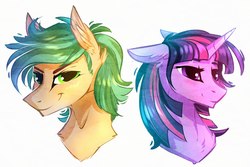 Size: 1280x854 | Tagged: safe, artist:green brush, twilight sparkle, oc, pony, g4, bust, duo, ear fluff, female, male, mare, simple background, smiling, stallion, white background