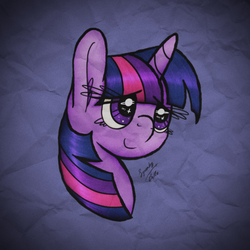 Size: 1600x1600 | Tagged: safe, artist:squeaky-belle, twilight sparkle, pony, g4, crumpled, female, mare, paper, signature, solo, starry eyes, wingding eyes