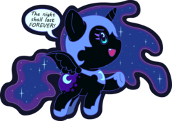 Size: 2000x1404 | Tagged: safe, artist:doctor-g, nightmare moon, alicorn, pony, g4, chibi, dialogue, ethereal mane, female, galaxy mane, simple background, smiling, speech bubble, transparent background, wingding eyes