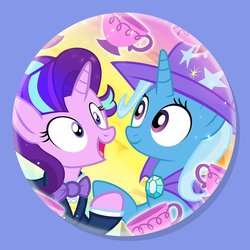 Size: 800x801 | Tagged: safe, artist:pixelkitties, starlight glimmer, trixie, pony, unicorn, g4, button, cape, clothes, cute, female, hat, lesbian, magic, ship:startrix, shipping, suit, teacup, that pony sure does love teacups, trixie's cape, trixie's hat, tuxedo