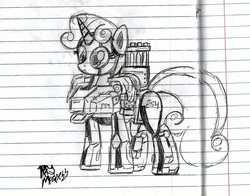 Size: 1512x1185 | Tagged: safe, artist:radiancebreaker, sweetie belle, pony, robot, robot pony, unicorn, g4, bastion (overwatch), black and white, crossover, female, filly, foal, grayscale, hooves, horn, lined paper, monochrome, overwatch, solo, sweetie bot, traditional art, weapon
