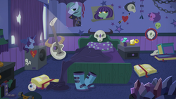 Size: 1920x1080 | Tagged: safe, screencap, starlight glimmer, bat pony alicorn, g4, the parent map, bad guitar anatomy, bed, bedroom, bloodshot eyes, book, boots, chains, crystal, derail in the comments, edgelight glimmer, eyeball, goth, guitar, it's a phase, it's not a phase, it's not a phase mom it's who i am, kite, musical instrument, no pony, plushie, poster, shoes, skateboard, skull, starlight's room