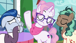 Size: 1920x1080 | Tagged: safe, screencap, ever essence, minty mocha, raspberry latte, earth pony, pony, unicorn, g4, the parent map, armpits, body odor, cute, disgusted, female, glasses, hipster, imminent vomiting, mare, puffy cheeks, sire's hollow, smell, smelly, this hipster needs a bath, trio, visible stench