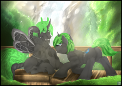 Size: 4100x2900 | Tagged: safe, artist:flareheartmz, oc, oc:azure slash, oc:ciardite, changeling, moth, mothling, original species, pony, unicorn, crying, green changeling, male, marriage proposal, species swap, stallion, tears of joy, teary eyes, waterfall, wings