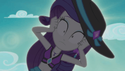 Size: 1280x720 | Tagged: safe, screencap, rarity, equestria girls, equestria girls series, g4, lost and found, belly button, bikini, bikini top, clothes, complete disaster, female, geode of shielding, gif, hat, magical geodes, marshmelodrama, midriff, non-animated gif, rarity's purple bikini, solo, stomach, sun hat, swimsuit