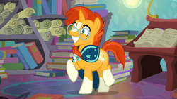 Size: 1920x1080 | Tagged: safe, screencap, sunburst, pony, unicorn, g4, the parent map, book, booty call, cute, excited, glowing cutie mark, grin, male, prancing, scroll, smiling, solo, stallion, sunbetes