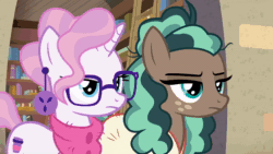 Size: 1920x1080 | Tagged: safe, screencap, minty mocha, raspberry latte, earth pony, pony, unicorn, g4, the parent map, animated, bathrobe, book, bookshelf, bookstore, clothes, discovery family logo, duo, ear piercing, earring, female, glasses, gritted teeth, haha no, jewelry, ladder, laughingmares.jpg, lidded eyes, mare, open door, piercing, reaction, reaction image, robe, scarf, sire's hollow, sound, webm