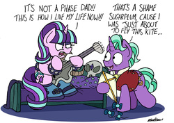 Size: 2455x1735 | Tagged: safe, artist:bobthedalek, firelight, starlight glimmer, pony, unicorn, g4, the parent map, angry, bed, boots, clothes, duo, edgelight glimmer, father and daughter, fathers gonna father, female, guitar, it's a phase, it's not a phase, kite, male, mare, musical instrument, shoes, simple background, stallion, starlight's room, teenage glimmer, that pony sure does love kites, white background