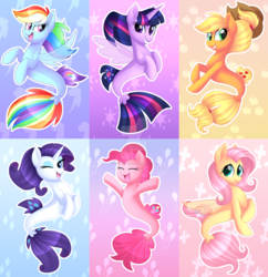 Size: 1600x1653 | Tagged: safe, artist:scarlet-spectrum, applejack, fluttershy, pinkie pie, rainbow dash, rarity, twilight sparkle, alicorn, seapony (g4), my little pony: the movie, abstract background, cowboy hat, cutie mark background, eyes closed, female, hat, looking at you, mane six, mare, one eye closed, seaponified, seapony applejack, seapony fluttershy, seapony pinkie pie, seapony rainbow dash, seapony rarity, seapony twilight, slim, species swap, twilight sparkle (alicorn), watermark, wink