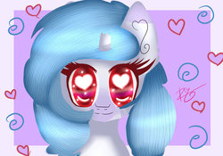 Size: 1024x717 | Tagged: safe, artist:sweethearts11, oc, oc only, oc:aira, pony, unicorn, broken horn, bust, female, heart eyes, horn, mare, portrait, solo, wingding eyes