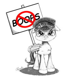 Size: 1250x1419 | Tagged: safe, artist:chopsticks, oc, oc only, oc:chopsticks, pony, chest fluff, clothes, ear fluff, floppy ears, funny, hat, male, non-consensual booping, protest, sign, simple background, sketch, solo, stallion, text, this will end in boops, unamused