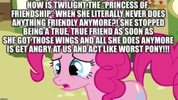 Size: 1280x720 | Tagged: safe, pinkie pie, twilight sparkle, alicorn, pony, g4, abuse, blatant lies, crying, image macro, meme, mouthpiece, op is a duck, op is trying to start shit, sad, twilight sparkle (alicorn), twilybuse, worst pony