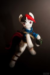 Size: 1440x2160 | Tagged: safe, artist:tatiana_tarasenko, oc, oc:blackjack, pony, unicorn, fallout equestria, bipedal, clothes, craft, cutie mark, fanfic, female, figurine, hooves, horn, irl, jumpsuit, knife, looking at you, mare, photo, pipboy, pipbuck, polymer clay, rearing, solo, teeth, vault suit, weapon