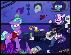 Size: 2582x1980 | Tagged: safe, artist:caytarts, firelight, starlight glimmer, pony, unicorn, g4, the parent map, alternate hairstyle, bloodshot eyes, clothes, edgelight glimmer, emo, father and daughter, female, goth, guitar, it's a phase, it's not a phase, male, rickroll, stallion, starlight's room, teenage glimmer, younger