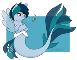 Size: 1024x791 | Tagged: safe, artist:cadetredshirt, oc, oc only, oc:delta vee, merpony, pegasus, pony, seapony (g4), cigarette, clothes, crossed arms, female, frown, seaponified, shirt, simple background, solo, species swap, transparent background, underwater, unhappy