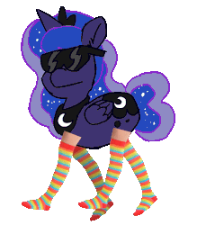 Size: 700x800 | Tagged: safe, artist:threetwotwo32232, princess luna, alicorn, pony, probably not salmon, g4, animated, clothes, female, human legs, kneesocks, majestic as fuck, mare, not salmon, rainbow socks, simple background, socks, solo, striped socks, sunglasses, transparent background, wat