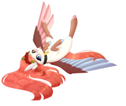 Size: 3000x2532 | Tagged: safe, artist:ohhoneybee, oc, oc only, oc:aki, pegasus, pony, colored wings, female, heterochromia, high res, mare, multicolored wings, on back, simple background, solo, tongue out, transparent background