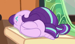 Size: 516x303 | Tagged: safe, edit, edited screencap, screencap, starlight glimmer, pony, unicorn, the parent map, animated, covering face, cropped, cute, ear flick, faceplant, female, floppy ears, glimmerbetes, horrible daughter, horses doing horse things, mare, prone, solo