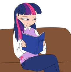 Size: 4666x4746 | Tagged: safe, artist:ggchristian, twilight sparkle, human, g4, absurd resolution, book, clothes, female, human female, humanized, pants, reading, simple background, solo, sweater vest, white background