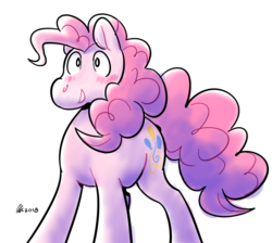 Size: 1660x1487 | Tagged: safe, artist:rwl, pinkie pie, pony, g4, blushing, female, offscreen character, smiling, solo