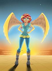 Size: 743x1023 | Tagged: dead source, safe, artist:marcofalcon1, sunset shimmer, equestria girls, g4, female, solo, sunset, wings