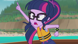 Size: 1280x720 | Tagged: safe, edit, edited screencap, screencap, sci-twi, twilight sparkle, equestria girls, g4, my little pony equestria girls: better together, the salty sails, ben 10, clothes, female, geode of telekinesis, omnitrix, solo, swimsuit, tara strong, voice actor joke