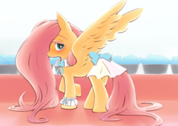 Size: 1409x1000 | Tagged: safe, artist:unousaya, fluttershy, pegasus, pony, g4, bow, clothes, cute, female, hair over one eye, looking at you, mare, skirt, solo, spread wings, uniform ribbon, wings