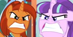 Size: 1184x600 | Tagged: safe, edit, screencap, starlight glimmer, stellar flare, pony, unicorn, g4, the cutie map, the parent map, angry, comparison, cropped, faic, female, gritted teeth, like mother-in-law like daughter, mare, ragelight glimmer