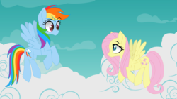 Size: 1024x576 | Tagged: safe, artist:galacticflashd, fluttershy, rainbow dash, pegasus, pony, g4, cloud, cute, dashabetes, duo, female, flying, looking at each other, mare, shyabetes, sky, spread wings, wings