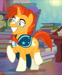 Size: 595x720 | Tagged: safe, screencap, sunburst, pony, unicorn, g4, the parent map, book, booty call, cropped, cute, excited, glowing cutie mark, grin, male, raised hoof, raised leg, smiling, solo, squee, stallion, sunbetes, wide eyes