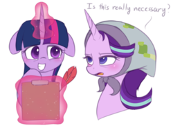 Size: 800x591 | Tagged: safe, artist:puetsua, starlight glimmer, twilight sparkle, alicorn, pony, unicorn, g4, the parent map, blanket, clipboard, clothes, dialogue, duo, female, floppy ears, glowing horn, headscarf, horn, magic, mare, quill, scarf, simple background, starlight glimmer is not amused, telekinesis, twilight sparkle (alicorn), unamused, white background