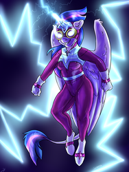 Size: 1500x2000 | Tagged: safe, artist:shimazun, twilight sparkle, alicorn, anthro, unguligrade anthro, g4, clothes, female, glowing eyes, leonine tail, lightning, masked matter-horn costume, power ponies, solo, twilight sparkle (alicorn)